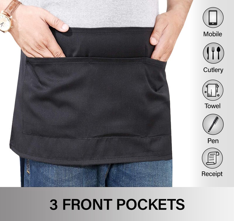 RUVANTI 6 Pack Server Aprons with Pockets, Black Apron for Men, PolyCotton Chef Aprons for Women with 29" Long Waist Strap - Image 4